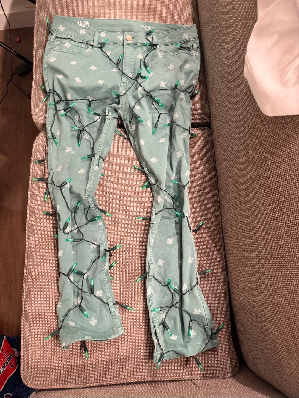 Mugsy “Murphys” Slim Straight Jeans – Sage Green Shamrock Print – Size 38x30